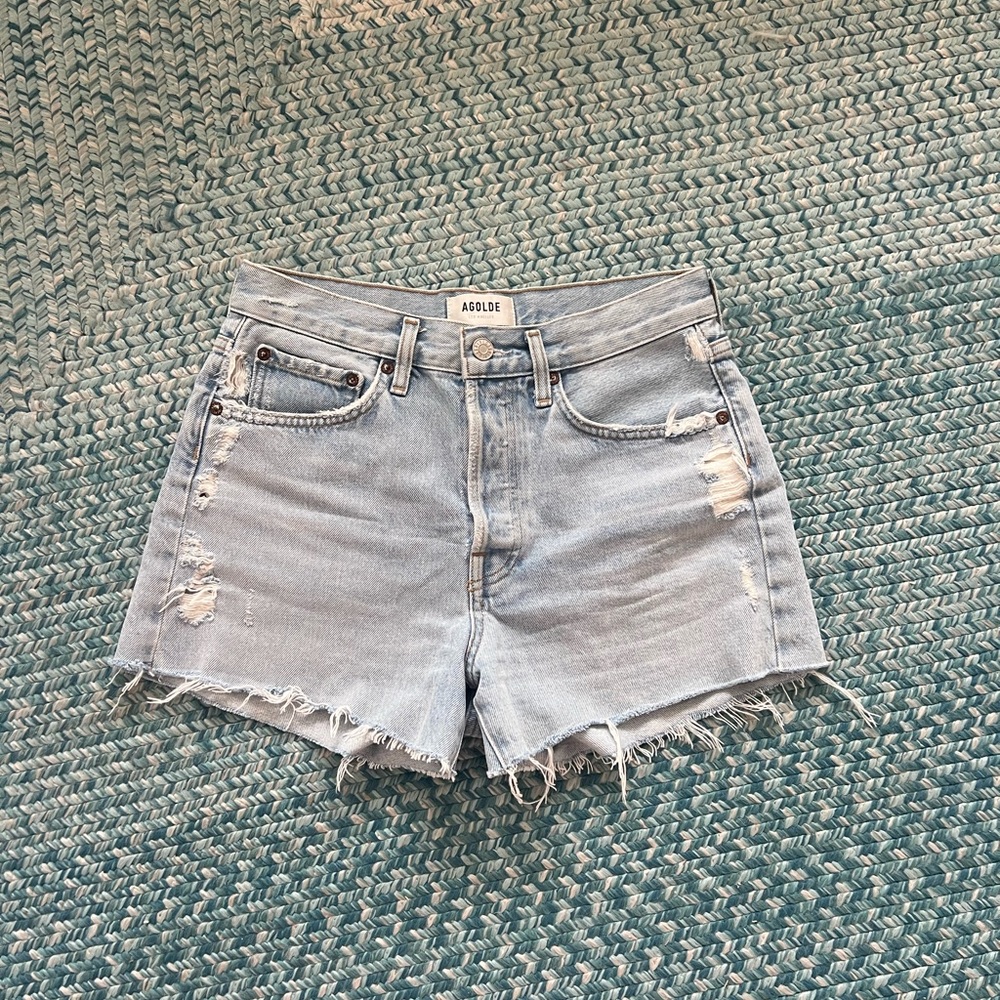 AGOLDE Light Wash Distressed Denim Shorts